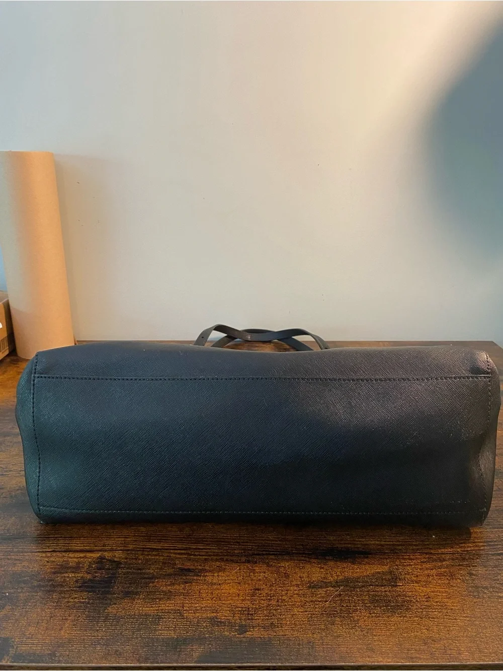 Tory Burch Black Saffiano Tote with Gold Logo Flaw
